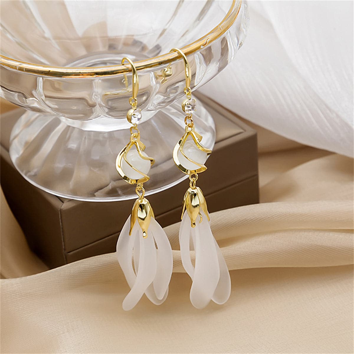 Cat-Eye and Cubic Zirconia Tiered Cage Tassel Drop Earrings, drop earrings for women, dainty minimalist design, side view