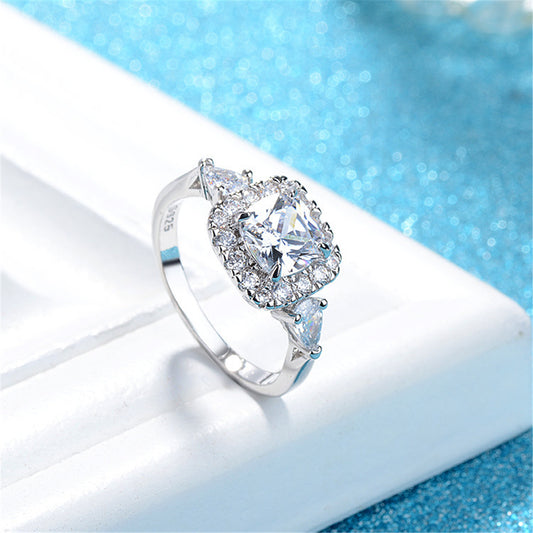 Crystal and Cubic Zirconia Princess-Cut Halo Ring, statement rings for women, botanical inspired, front view