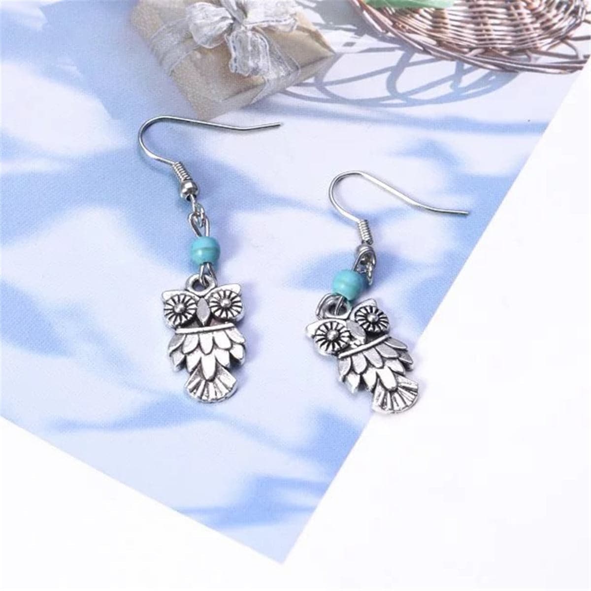 Turquoise & Silver-Plated Owl Drop Earrings