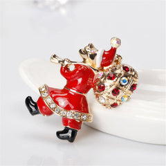 Cubic Zirconia & 18K Gold-Plated Santa Claus & Presents Brooch