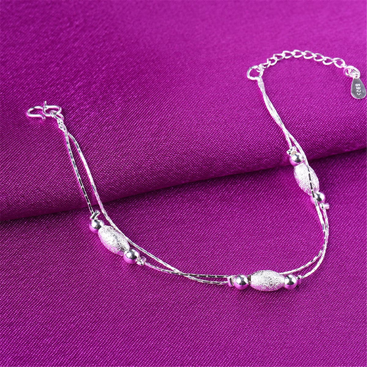 Silver-Plated Frosted Olive Double-Strand Anklet
