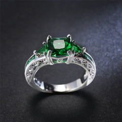 Green Crystal & Silver-Plated Prong Illusion Ring