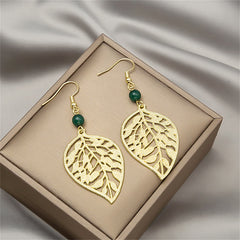 Dark Green Acrylic & 18K Gold-Plated Openwork Leaf Drop Earrings