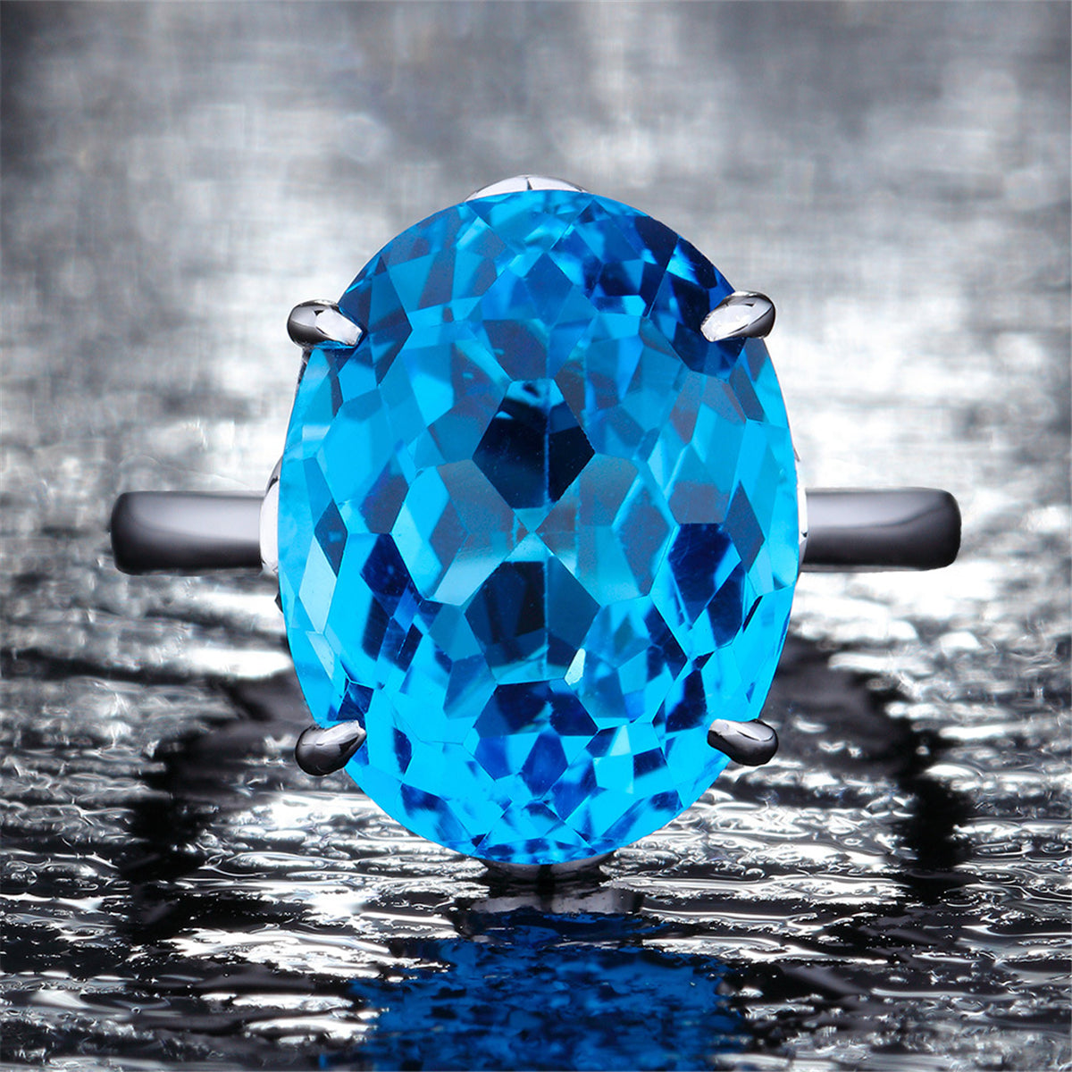 Sea Blue Crystal and Silver-Plated Adjustable Solitaire Ring, silver statement rings for women, detail close-up