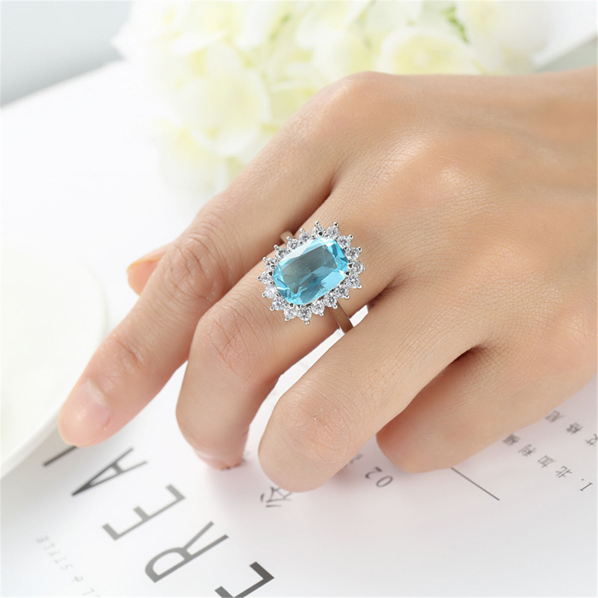 Blue Crystal Princess-Cut Floral Halo Ring, statement rings for women, elegant gift for her, lifestyle look