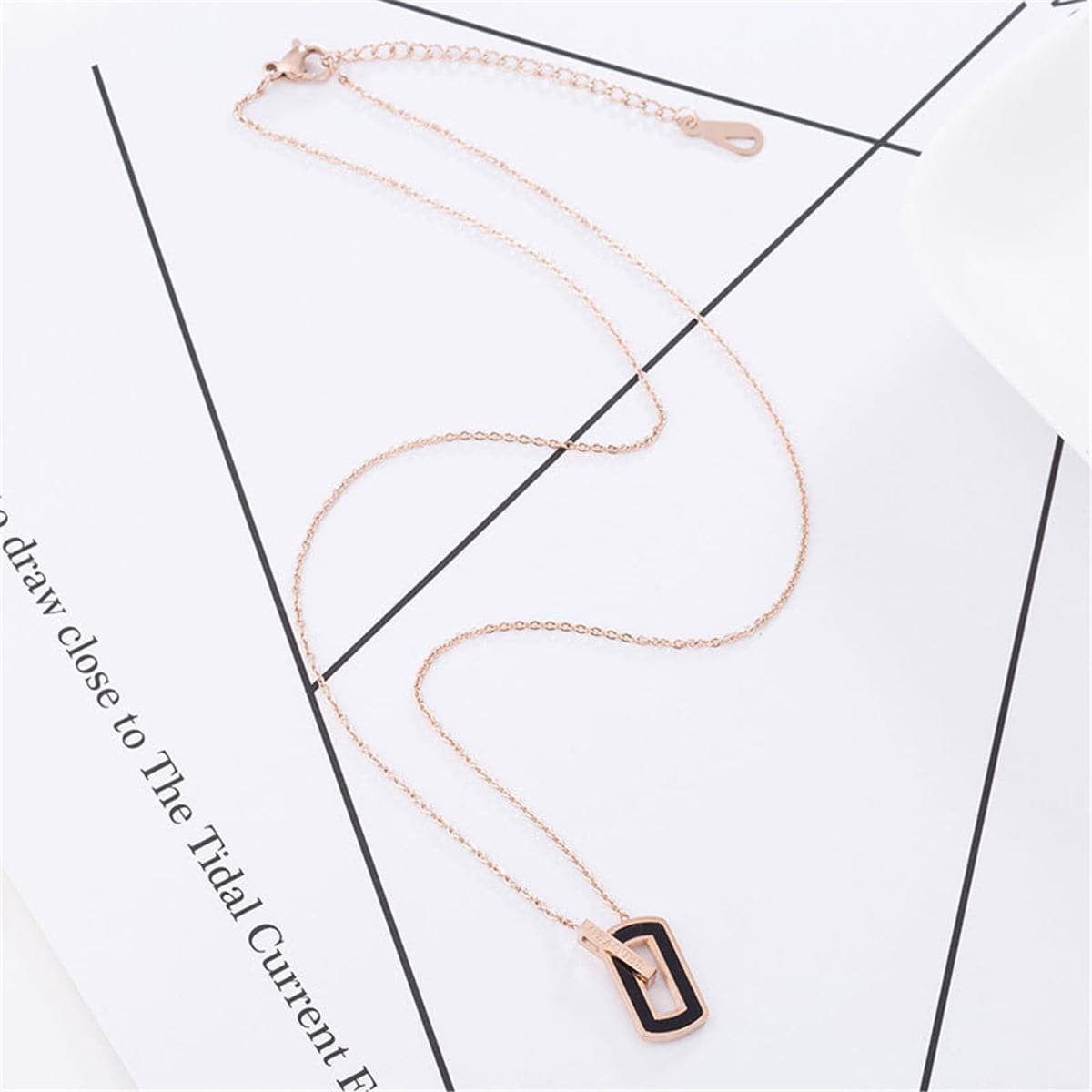 Black & 18K Rose Gold-Plated Openwork Rectangle Pendant Necklace