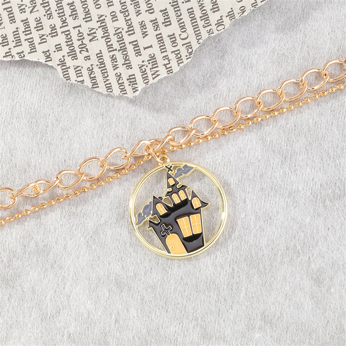 Black Enamel and 18K Gold-Plated Castle Layered Charm Bracelet, gold bracelet for women, everyday style, lifestyle look