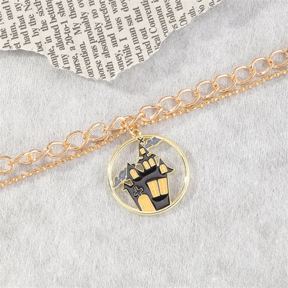 Black Enamel and 18K Gold-Plated Castle Layered Charm Bracelet, gold bracelet for women, everyday style, lifestyle look
