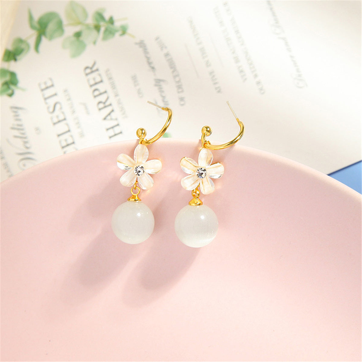 Cat's Eye & Cubic Zirconia Flower Drop Earrings