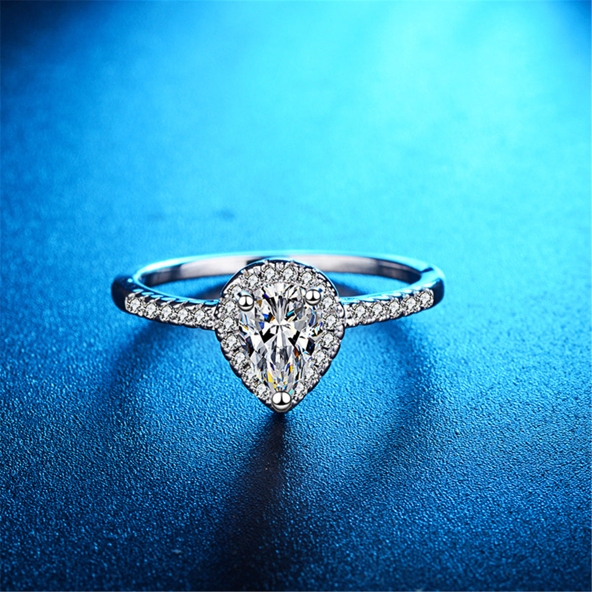 Pear-Cut Crystal and Silver-Plated Teardrop Ring, silver statement rings for women, everyday style, detail close-up