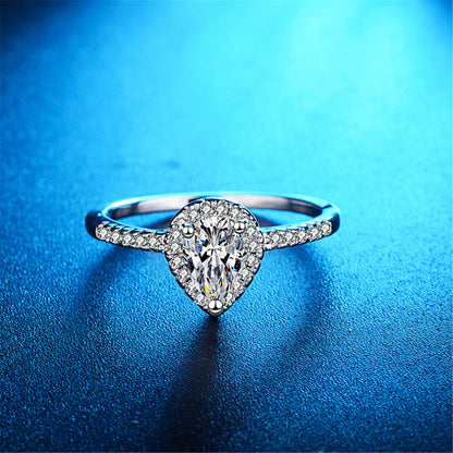 Pear-Cut Crystal and Silver-Plated Teardrop Ring, silver statement rings for women, everyday style, detail close-up