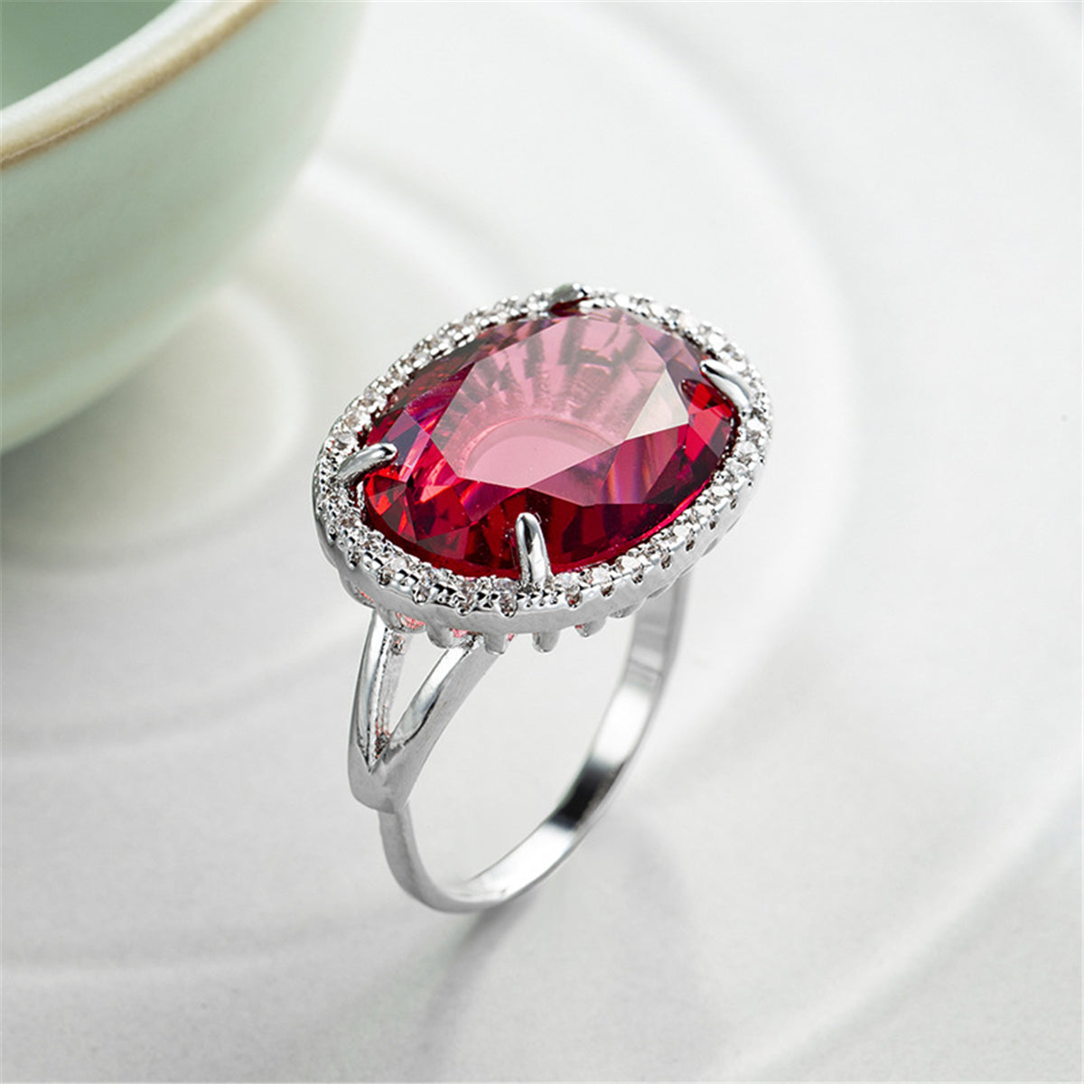 Rose Crystal and Cubic Zirconia Oval Halo Adjustable Ring, statement rings for women, vintage-inspired design, front view