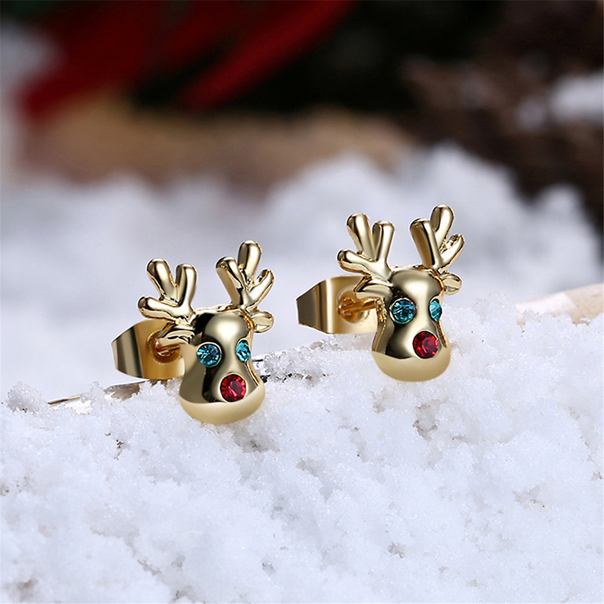Cubic Zirconia & 18K Gold-Plated Reindeer Stud Earrings