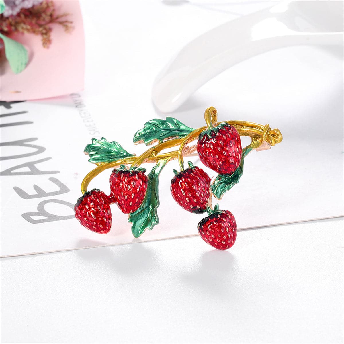 Red Enamel and 18K Gold-Plated Strawberries Brooch, gold brooch pin, vintage-inspired design, lifestyle look