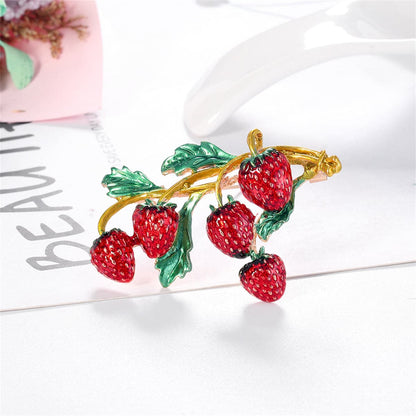 Red Enamel and 18K Gold-Plated Strawberries Brooch, gold brooch pin, vintage-inspired design, lifestyle look