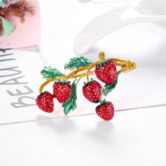 Red Enamel & 18K Gold-Plated Strawberries Brooch