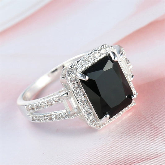 Black Crystal and Cubic Zirconia Halo Baguette Ring, statement rings for women, everyday style, front view