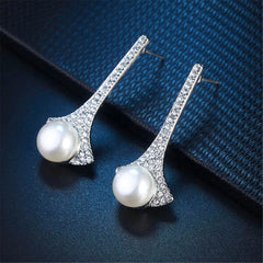 Cubic Zirconia & Pearl Silver-Plated Fan Drop Earrings