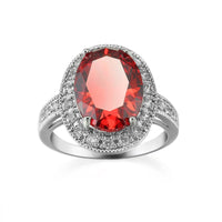 Red Crystal & Silver-Plated Oval Halo Ring