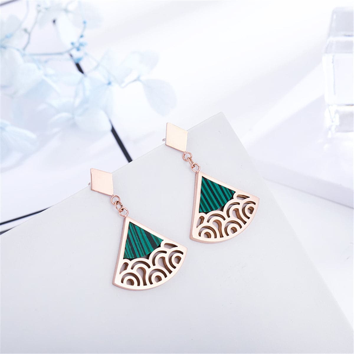 Green & 18K Rose Gold-Plated Filigree Triangle Drop Earrings