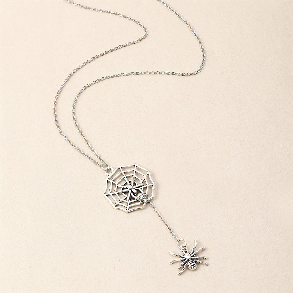 Silver-Plated Spider and Web Drop Necklace, silver pendant necklace for women, botanical inspired, styled look