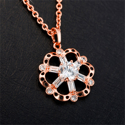Crystal and 18K Rose Gold-Plated Hollow Floral Pendant Necklace, rose gold pendant necklace for women, detail close-up