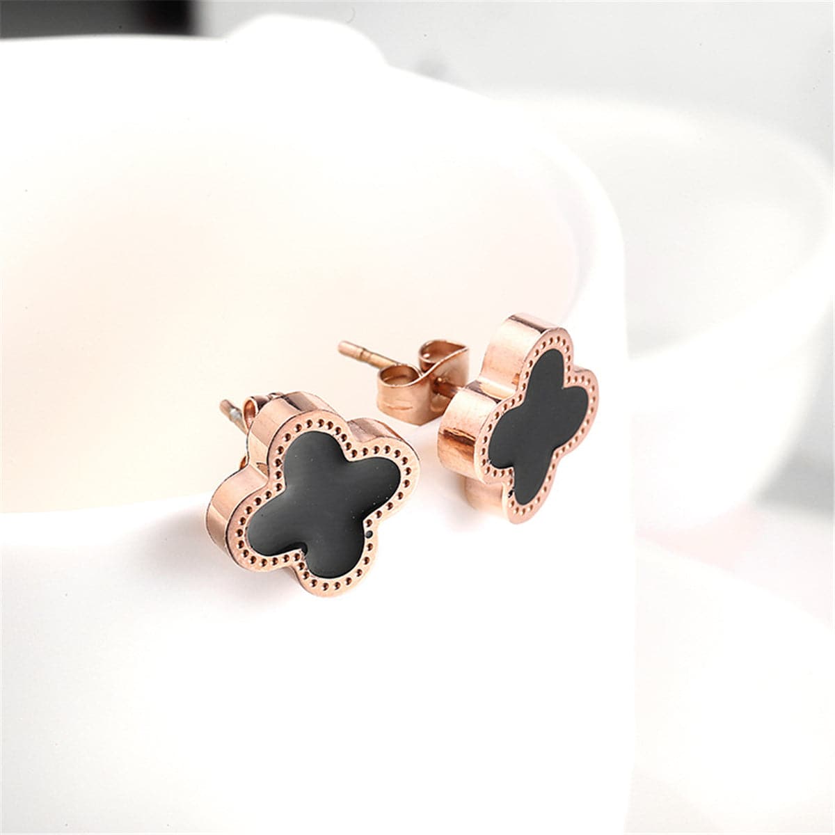 Black & 18k Rose Gold-Plated Clover Stud Earrings - streetregion