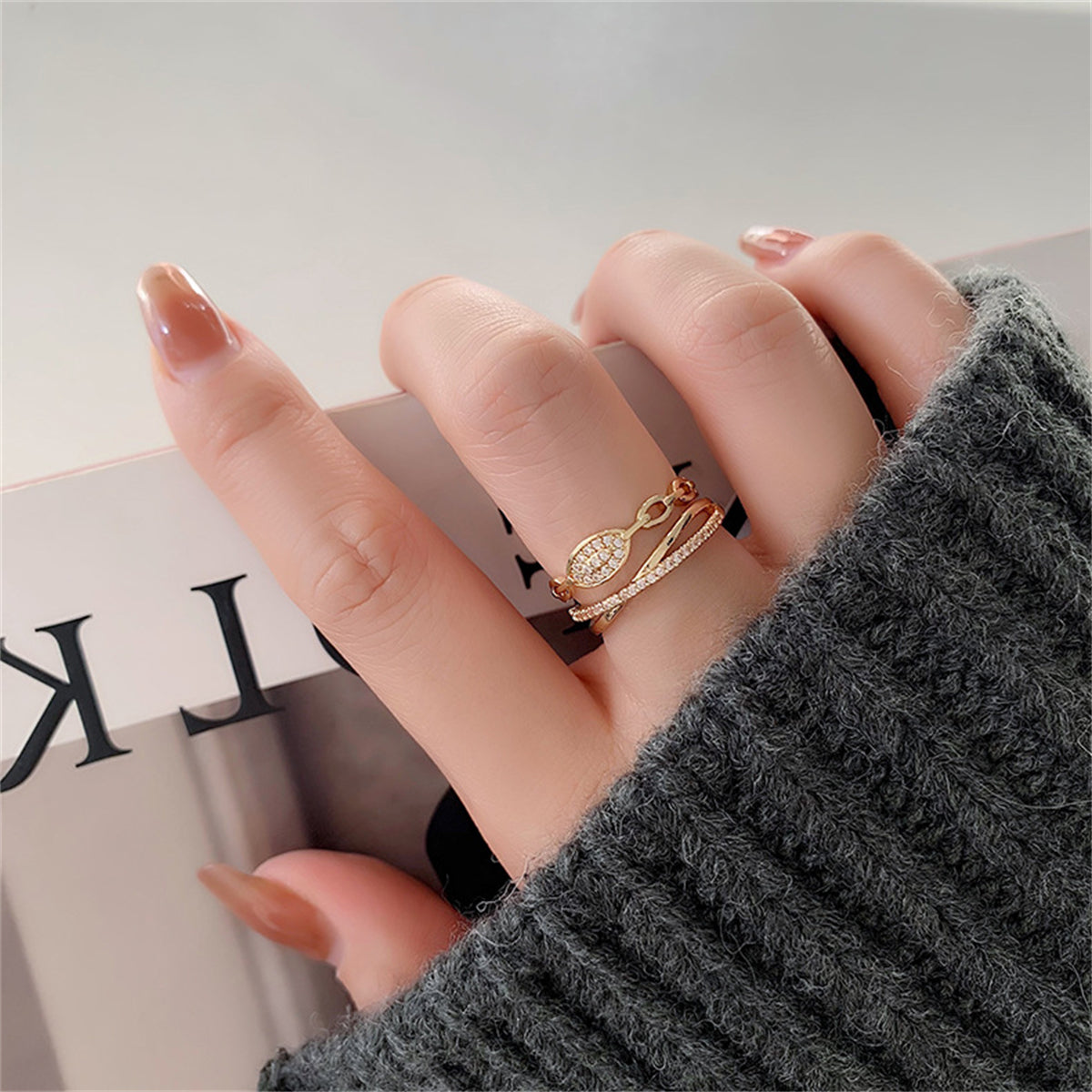 Cubic Zirconia and 18K Gold-Plated Layered Chain Adjustable Ring, gold statement rings for women, everyday style, front view