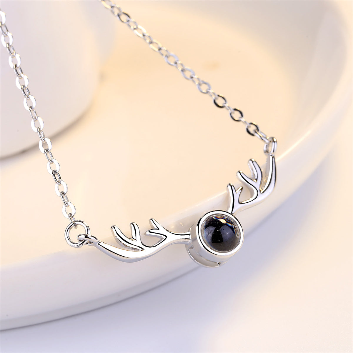 Black Crystal & Platinum Antlers Pendant Necklace