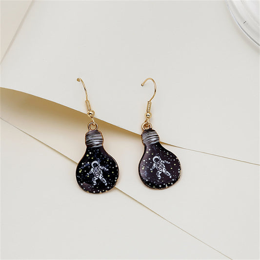 Black Enamel and 18K Gold-Plated Astronaut Bulb Drop Earrings, gold drop earrings for women, front view