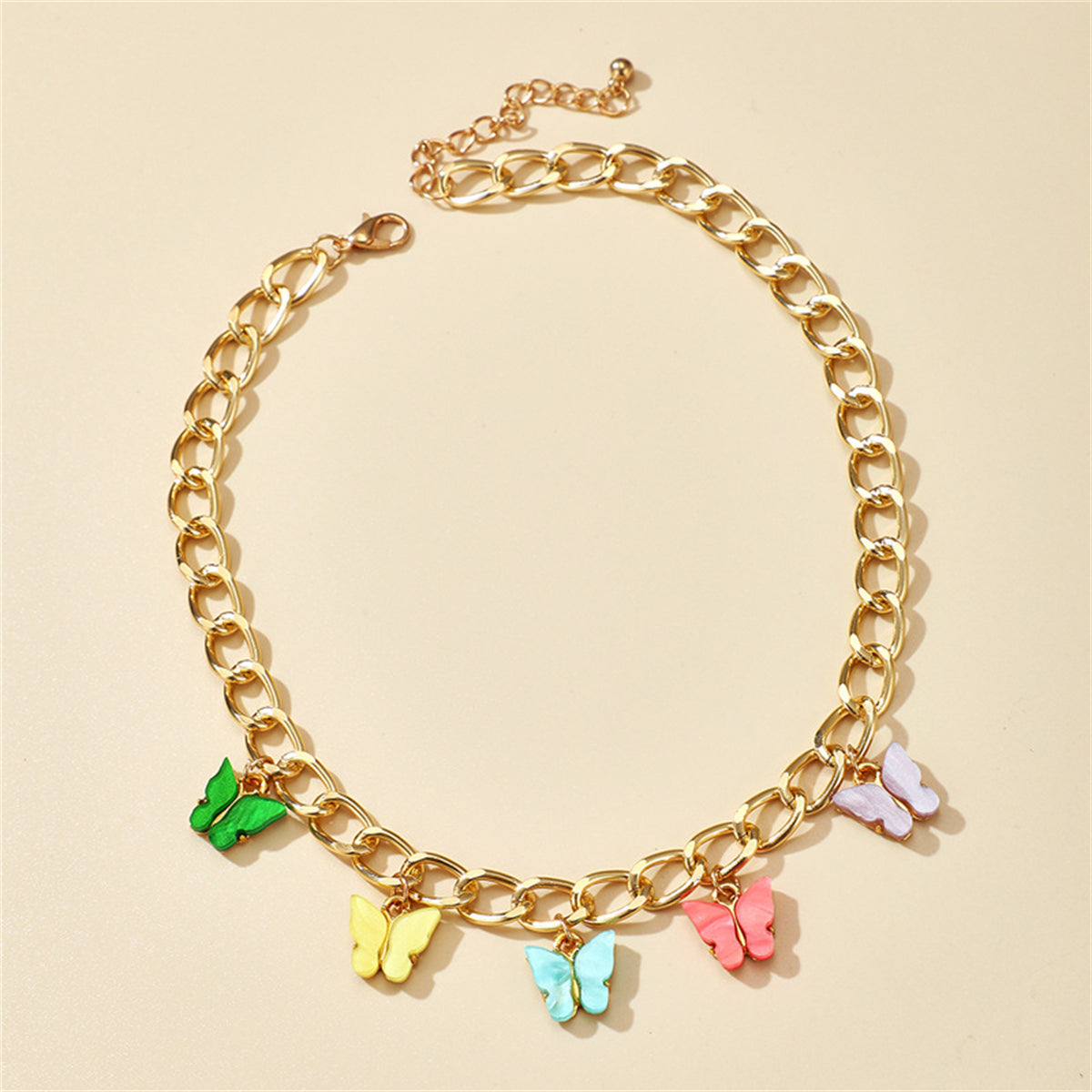 Pastel Acrylic and 18K Gold-Plated Chain Butterfly Station Necklace, gold pendant necklace for women, front view