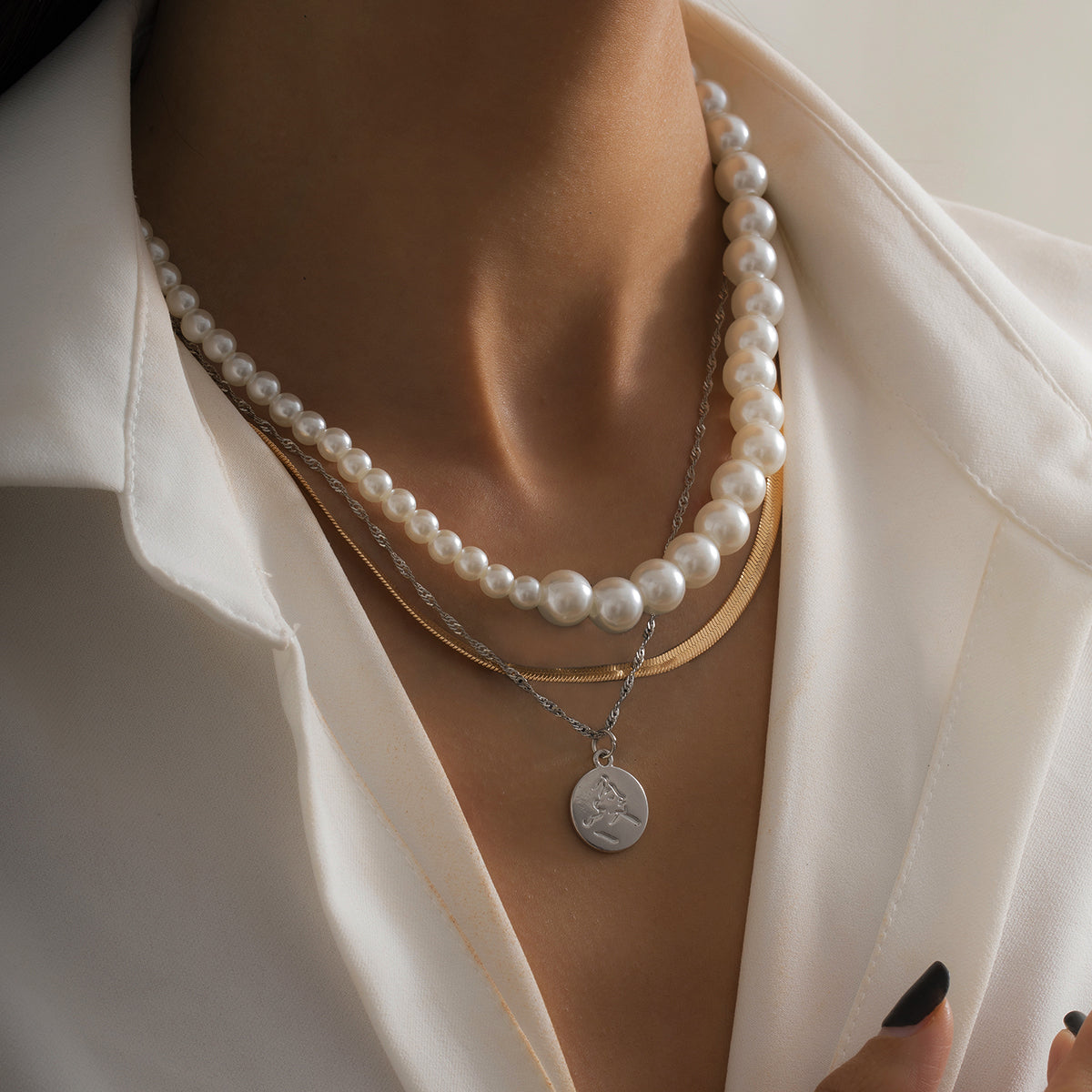 Pearl and Two-Tone Pendant Necklace Set, jewelry gift sets for women, botanical inspired, side view