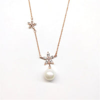 Crystal & Imitation Pearl Double Flower Pendant Necklace - streetregion
