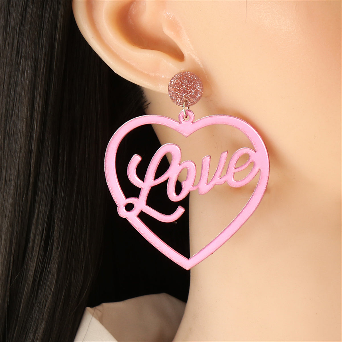 Pink and Silver-Plated Open Heart 'Love' Drop Earrings, silver drop earrings for women, lifestyle look