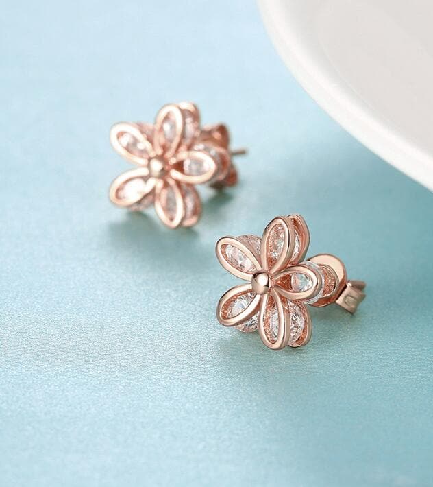 Cubic Zirconia & 18K Rose Gold-Plated Flower Stud Earrings