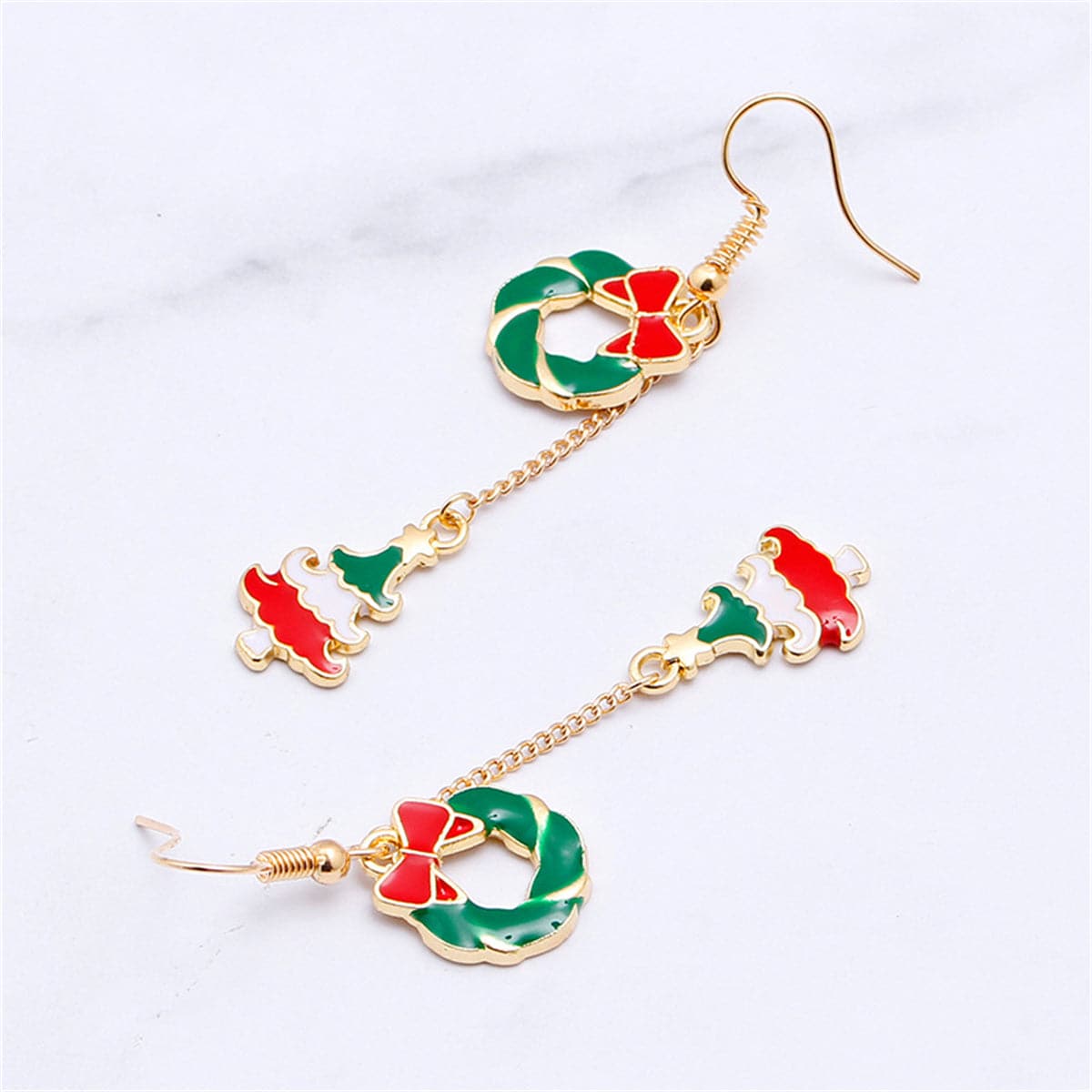 Red Enamel & 18K Gold-Plated Wreath Christmas Tree Drop Earrings