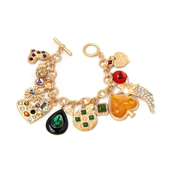Green & Orange Crystal & Cubic Zirconia Heart Charm Bracelet