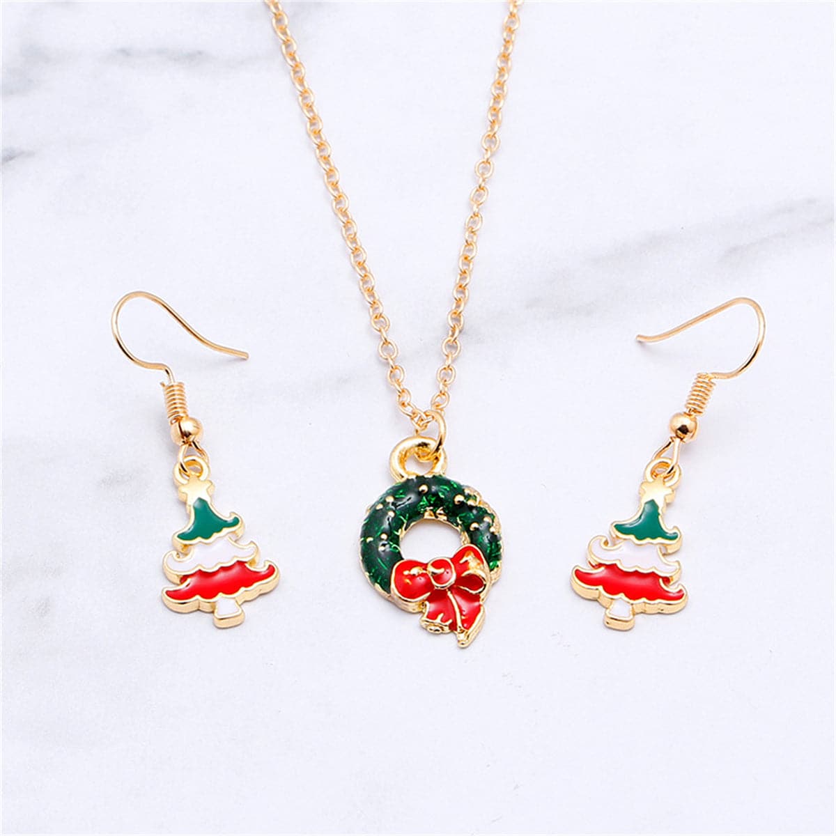 Green Enamel and 18K Gold-Plated Wreath Pendant Necklace and Earrings, gold drop earrings for women, side view