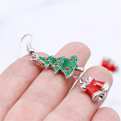 Green and Silver-Plated Christmas Tree Bell Drop Earrings, silver drop earrings for women, botanical inspired, side view