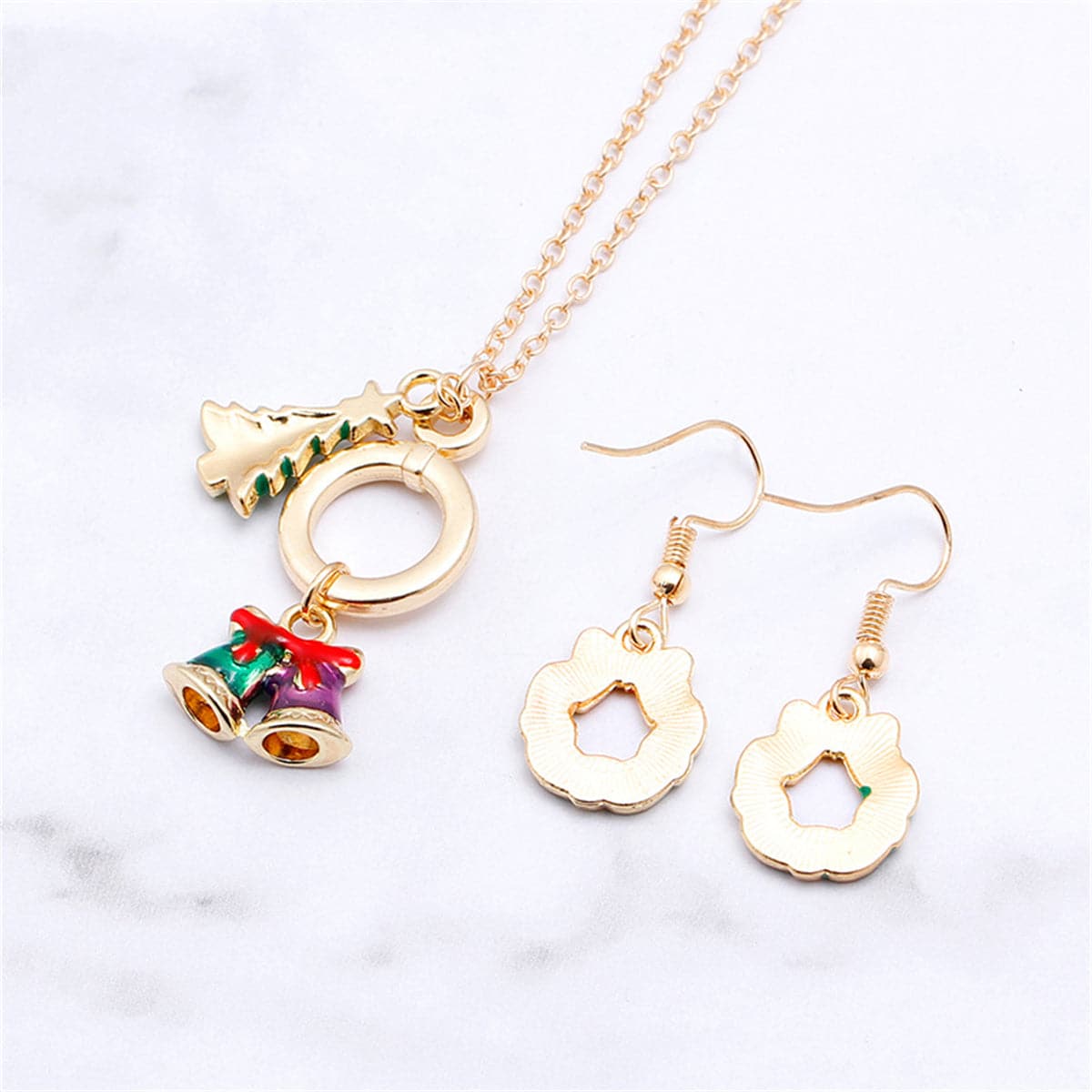 Green Enamel & 18K Gold-Plated Wreath Earrings & Pendant Necklace