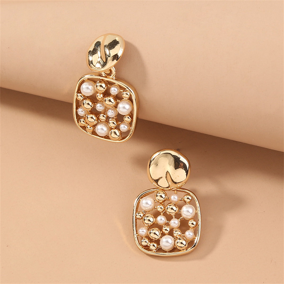 Pearl and 18K Gold-Plated Square Bezel-Set Drop Earrings, gold drop earrings for women, vintage-inspired design, side view