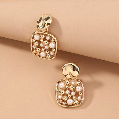 Pearl and 18K Gold-Plated Square Bezel-Set Drop Earrings, gold drop earrings for women, vintage-inspired design, side view