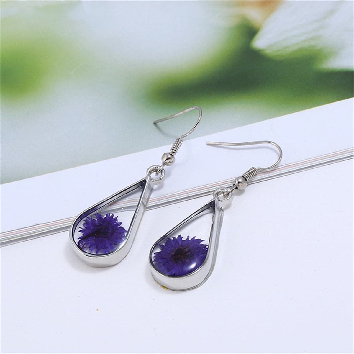 Purple Pressed Peony and Silver-Plated Drop Earrings, silver drop earrings for women, botanical inspired, side view