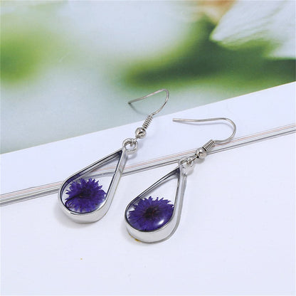 Purple Pressed Peony and Silver-Plated Drop Earrings, silver drop earrings for women, botanical inspired, side view