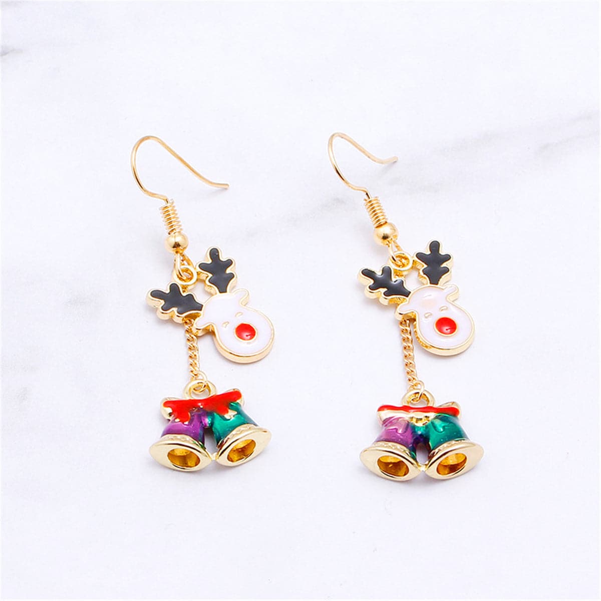 Red Enamel and 18K Gold-Plated Bell and Reindeer Drop Earrings, gold drop earrings for women, botanical inspired, front view