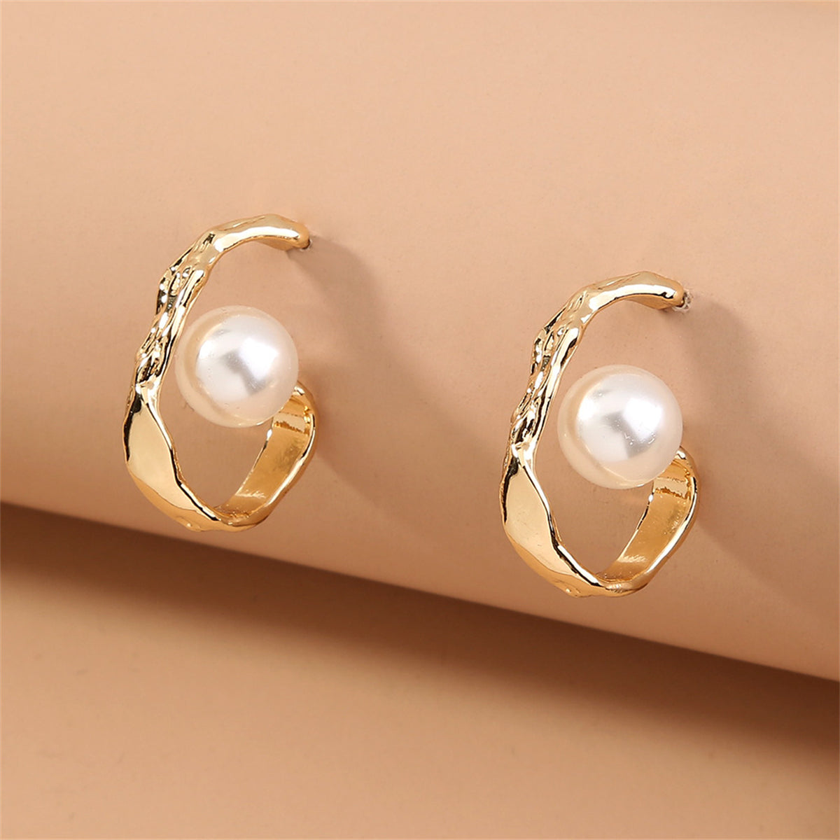 Pearl and 18K Gold-Plated Huggie Earrings, gold huggie earrings, botanical inspired, detail close-up
