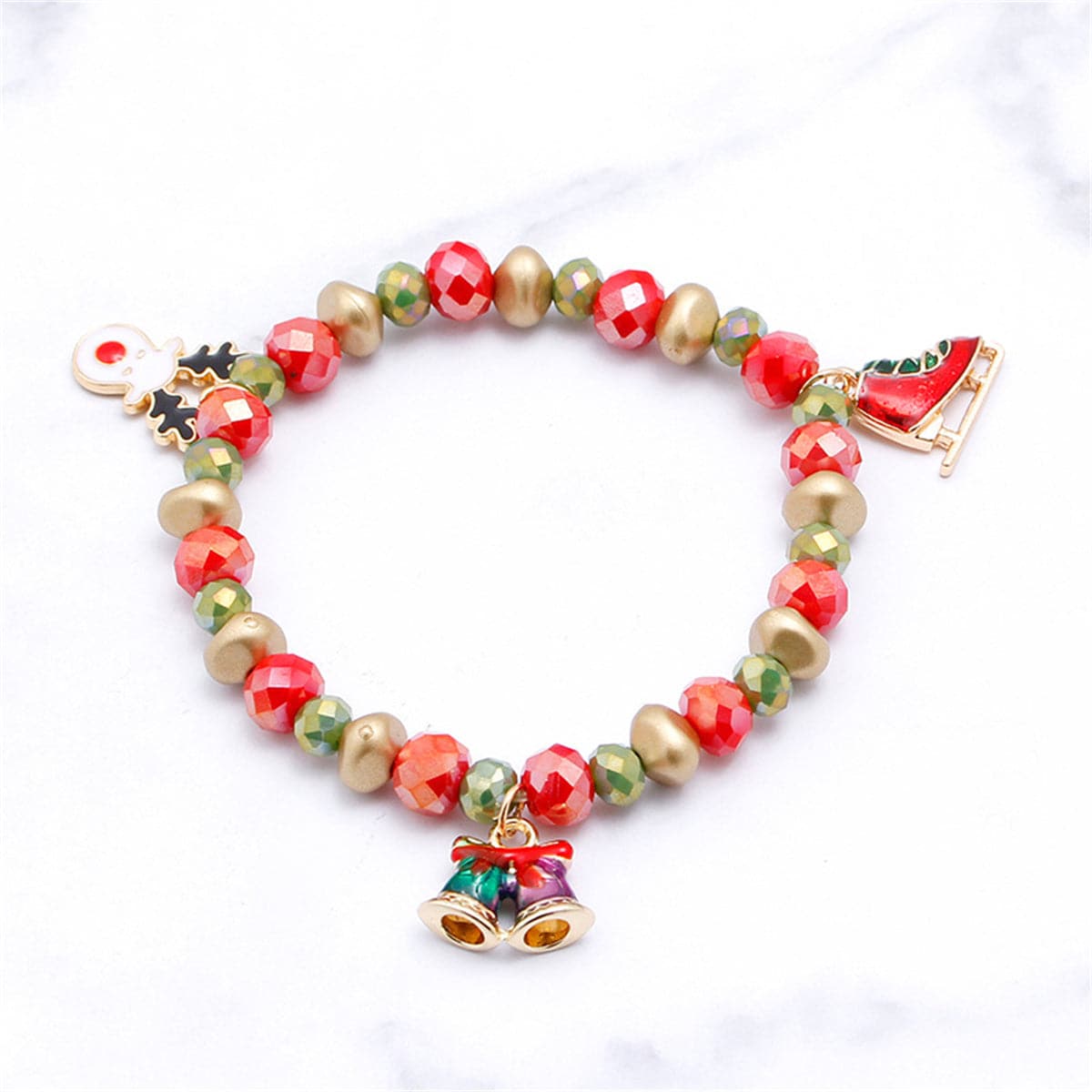 Red Acrylic and 18K Gold-Plated Reindeer Skates Charm Stretch Bracelet, gold bracelet for women, front view