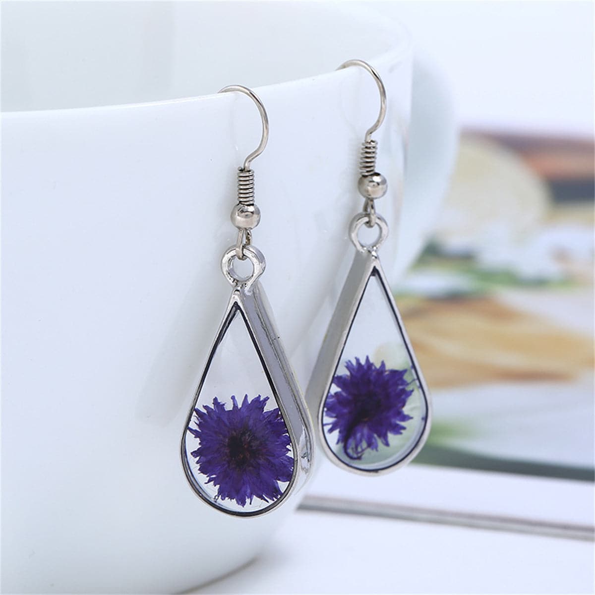 Purple Pressed Peony and Silver-Plated Drop Earrings, silver drop earrings for women, botanical inspired, detail close-up