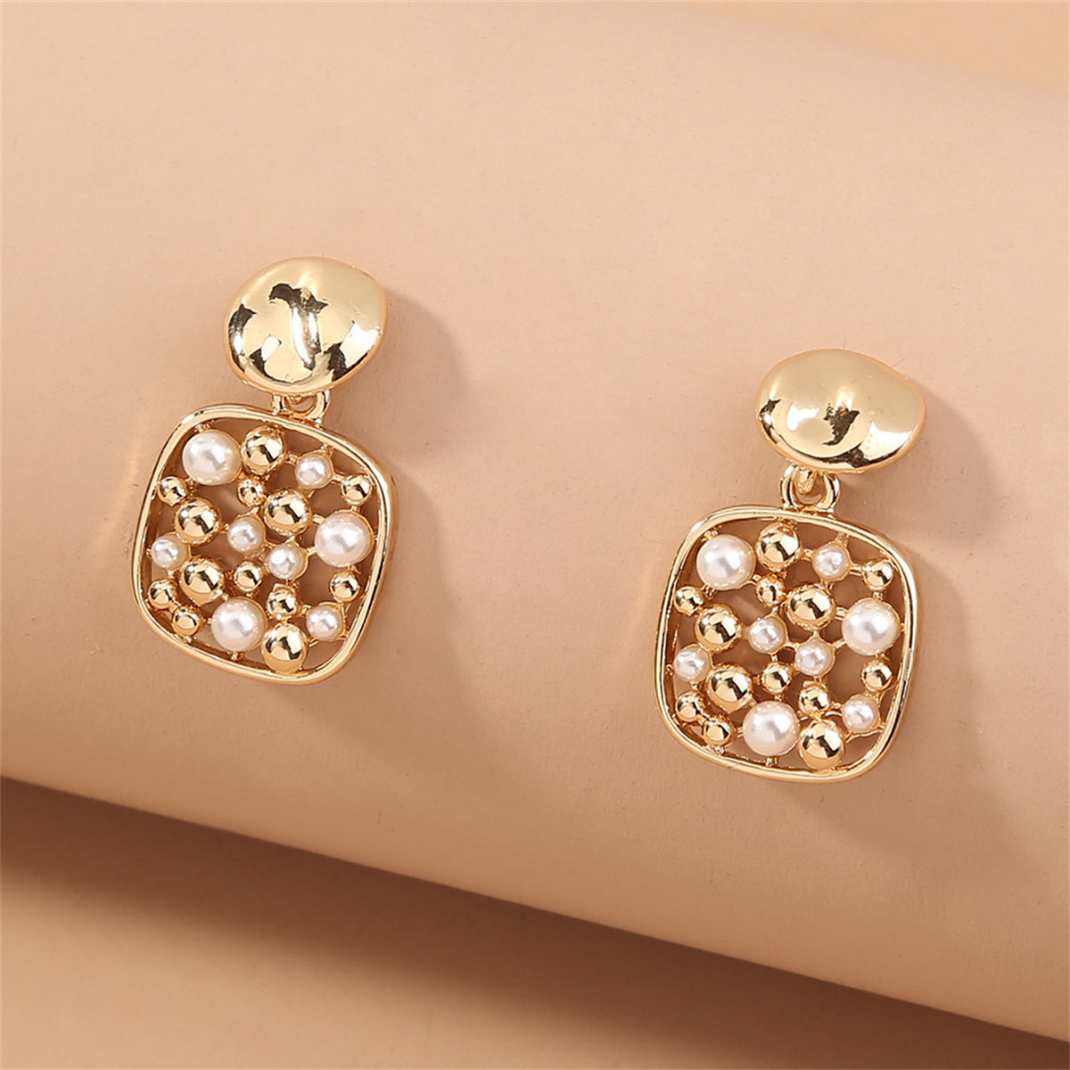 Pearl and 18K Gold-Plated Square Bezel-Set Drop Earrings, gold drop earrings for women, detail close-up