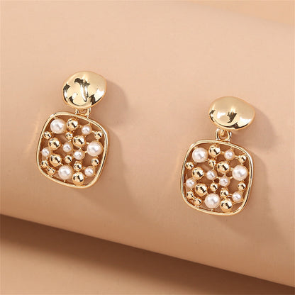 Pearl and 18K Gold-Plated Square Bezel-Set Drop Earrings, gold drop earrings for women, detail close-up